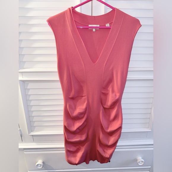 Ted Baker Size 3/US 8-10 Novari Ruched Rib Knit Sleeveless Bodycon Dress Coral - Picture 3 of 12